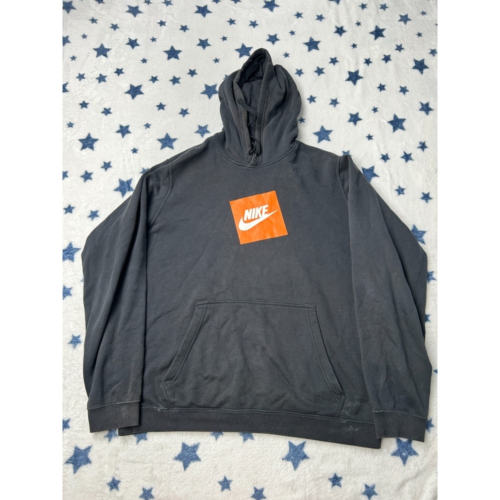 Nike Mens Large Black Orange Box Logo Pullover Hoodie Sweatshirt Distressed - Picture 2 of 12